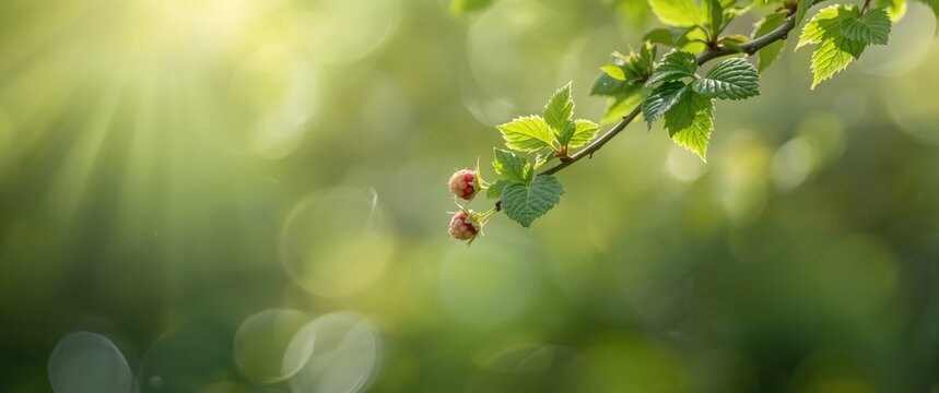Spring buds of a raspberry bush with fresh green leaves and selective focus