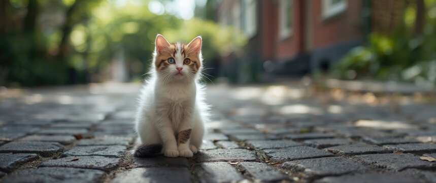Odd-eyed cat wandering the street