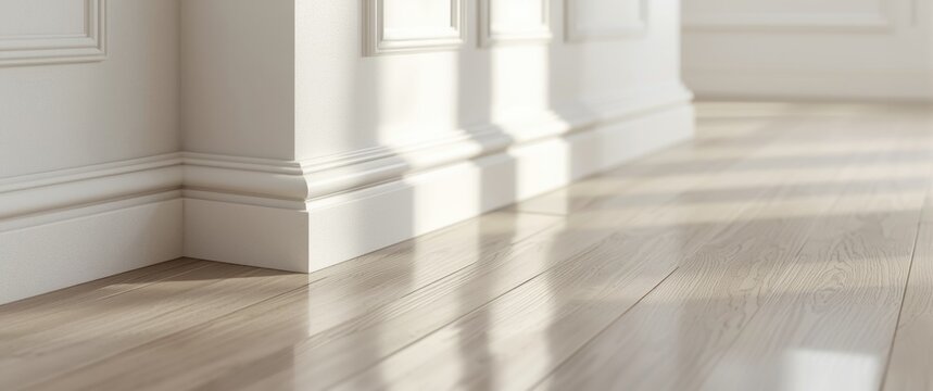 Intricate crown molding and plinth on corner flooring detail