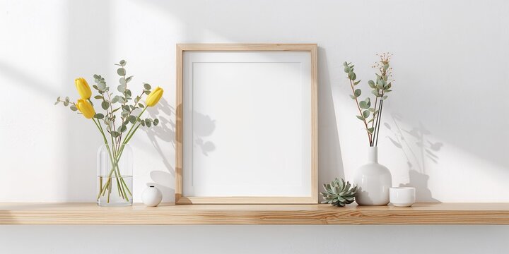 Home decor scene with a square wooden frame containing spring flowers, succulents, and branches arranged on a shelf against a white wall
