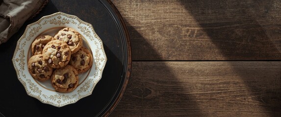 Chocolate chip cookies served on a decorative ceramic plate with gold accents on a dark wooden table, freshly baked