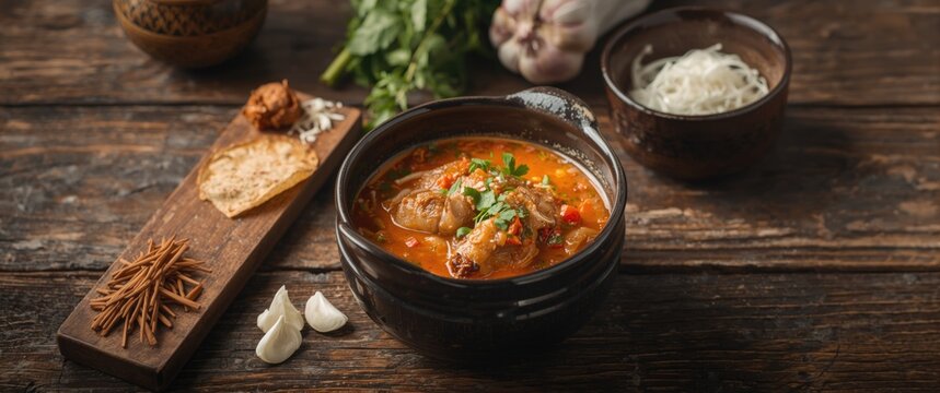 Spicy Isan-Style Soup (Tom Sab) Featuring Cartilage Pork in a Bowl, Thai Food, Thailand Cuisine, Tropical Lifestyle, Healthy Eating, Wooden Table Setting, Garlic and Nutritional Elements