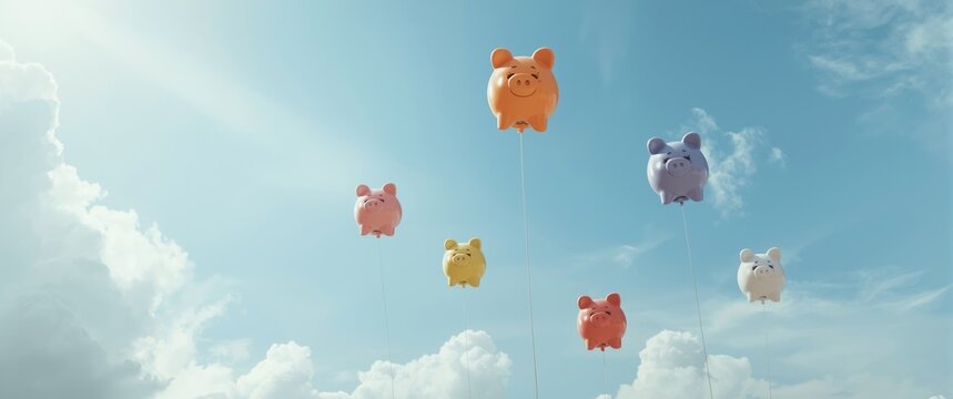 Inflation and risky investments represented by balloon piggy banks flying off