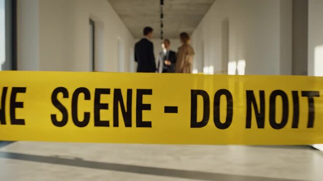 Yellow caution tape reading 'Scene - Do Not Cross' barricades a modern interior space, with indistinct figures conducting a restricted crime scene investigation within an office environment.
