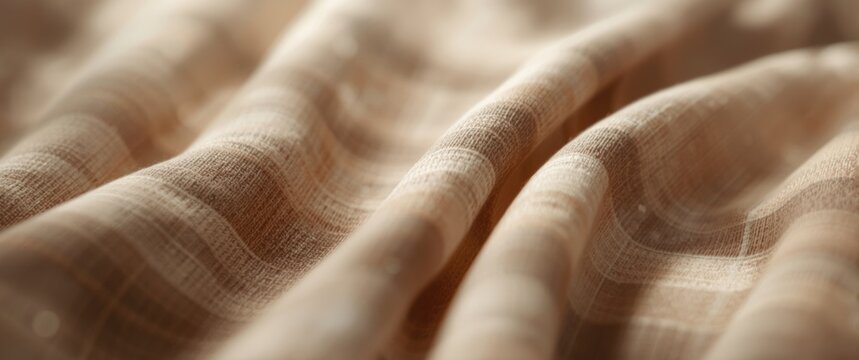 Soft-textured fabric with checkered patterns in warm tones, blurred to emphasize natural creases and the subtle play of light and shadow