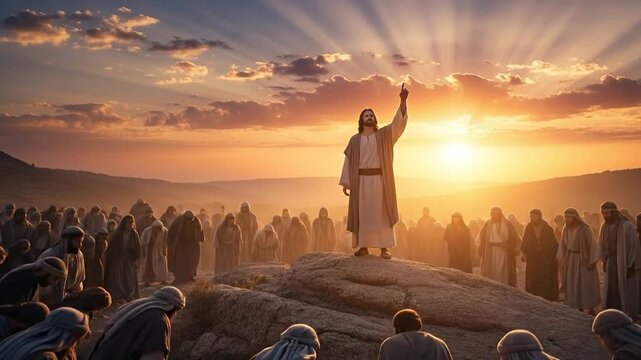 Jesus Preaching Sermon to Crowd at Sunset
