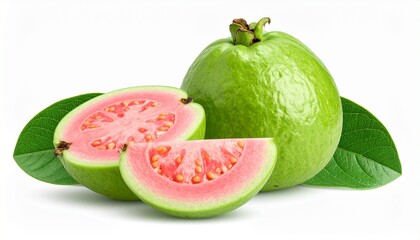 Whole guava with pink slices and green leaves on natural surface