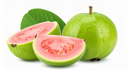 Whole guava with pink slices and green leaves on natural surface