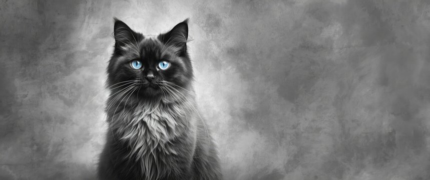 Cute cat in black and white photos with blue light reflection on its eyes