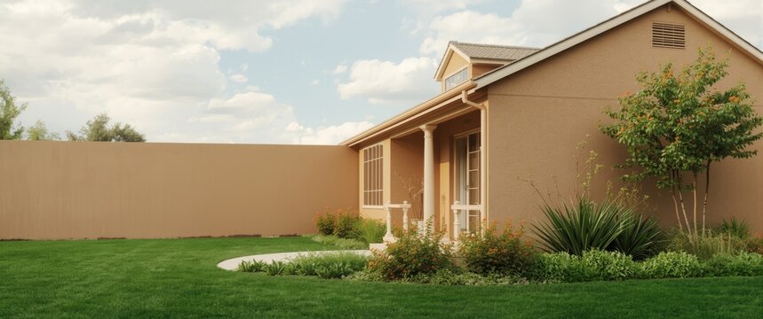 Green garden space beside the small house wall