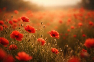 Fototapeta premium Shallow depth shot of summer poppy field with nostalgic effect and copy space area