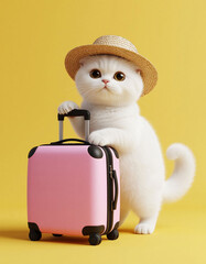 White cat in straw hat with pink travel suitcase on yellow background.