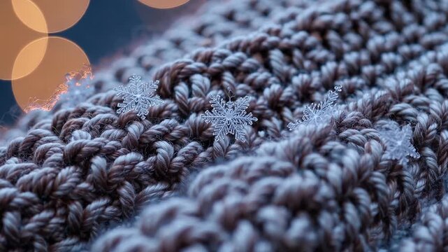 Delicate snowflakes resting on textured navy knit fabric with warm orange bokeh lights in background, capturing cozy winter hygge and festive holiday macro detail