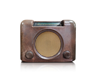 An antique brown radio sits on a white background.