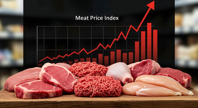 Assortment of raw meat on a table with a rising meat price index graph in the background