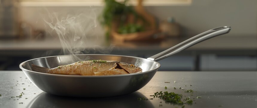 Oil-cooked fried snapper in a frying pan