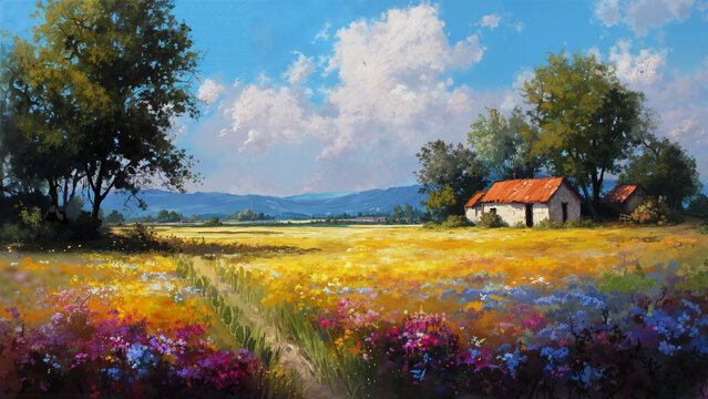 Autumn landscape with a house in the morning, AI GENERATED