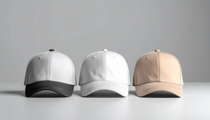 Three baseball caps in grayscale tones on flat surface with soft shadows and plain background