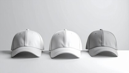 Three baseball caps in grayscale tones on flat surface with soft shadows and plain background