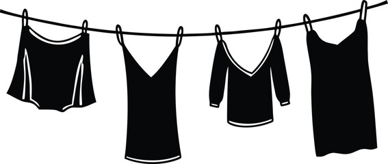 Clean clothes drying on a clothesline outside silhouette vector © Ajmot