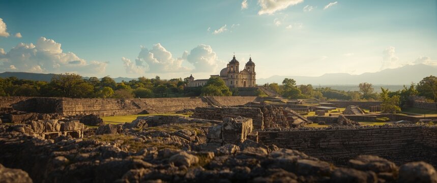 Zapotec ruins and a church at the Northern Group archaeological site