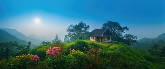 Beautiful landscape at Mon Cham with flowers, sky, and natural surroundings including houses and forests