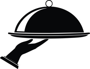 Fototapeta premium Server's Delight: An elegant server hand presents a gleaming silver cloche atop a matching plate, evoking anticipation for a delicious meal