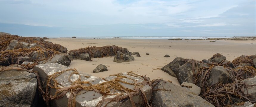 Low tide beach with rocks and brown kelp