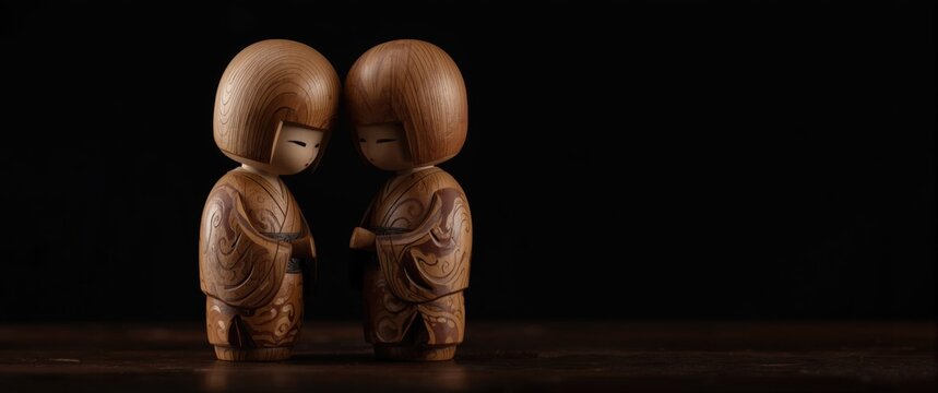 Couple of Japanese limbless wooden dolls in front of a dark backdrop - kokeshi, craft, Japan