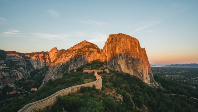Evening light illuminates the mountain and stone walls of Mallos de Riglos, highlighting natural erosion and hiking pathways