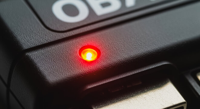 Close-up of glowing red LED indicator light on black diagnostic device or electronic hardware. Warning signal, error status, power indicator, and connectivity monitoring concept.