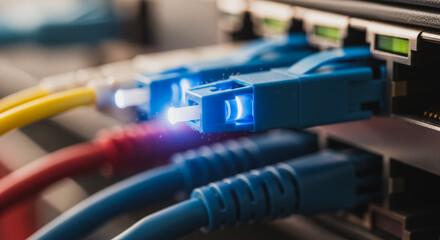 Macro of Glowing Fiber Optic Cable Connecting to Network Switch Port, High-Speed Data Transfer, Internet Infrastructure, and Telecommunications Technology