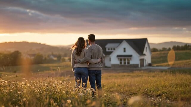 Couple embrace in a field at sunset, looking toward a house. The scene evokes warmth, love, and connection. Use this for romance, real estate, lifestyle, or dreams. Beautiful light, nature, and a sens