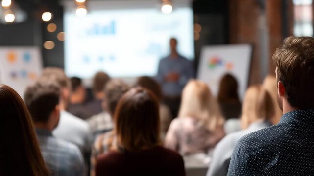 Business people listen to a presentation in an office environment with graphs and charts projected on a screen