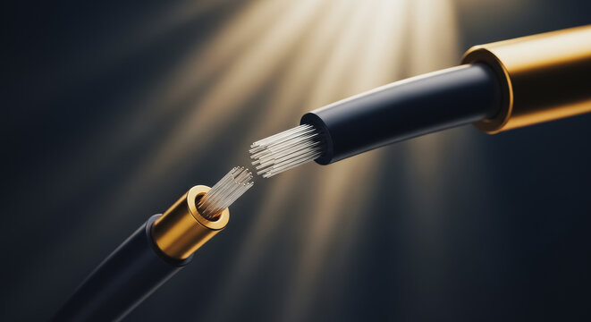 Fiber Optic Connection Concept. Exposed high-speed network cable strands ready to link, symbolizing fast data transfer, broadband technology, and digital communication infrastructure on a dark, dramat