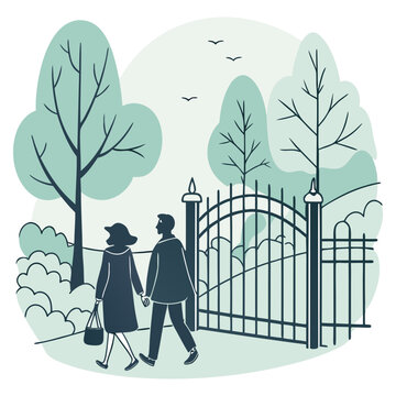 Walking Through Park Gate Holding Hands