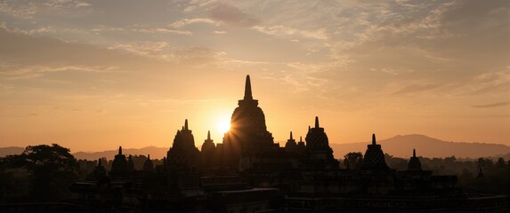 Obraz premium Borobudur Temple Buddha Statues Silhouettes, UNESCO World Heritage Site in Java, Indonesia