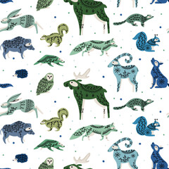 Obraz premium Pattern with colored forest animals with natural folk ornaments in green. blue colors. Forest animals painted goat, moose, squirrel, fox, wolf, hedgehog in plant print, textile prints, coloring pages