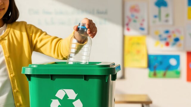A young Asian girl recycling a plastic bottle into a green recycling bin in a bright classroom filled with colorful artwork and educational materials, promoting environmental awareness.