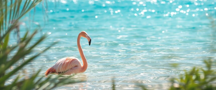 Aruba flamingo wading in the water