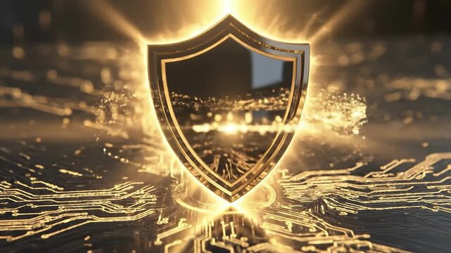 Shiny gold shield emblem with dark reflective surface and glowing edges on black circuit board background with sparkling particles. Futuristic cyber protection symbol, luxury tech design