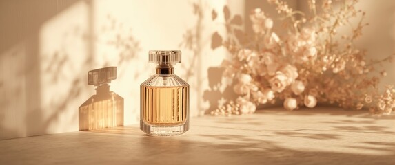 Fototapeta premium Aroma perfume bottle in glass packaging illuminated by sunlight