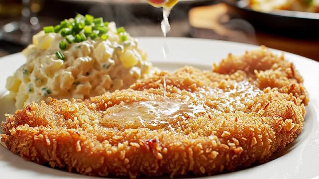 Hand squeezing fresh lemon juice over a crispy breaded fried schnitzel or pork cutlet served alongside creamy potato salad topped with chives. Cinemat
