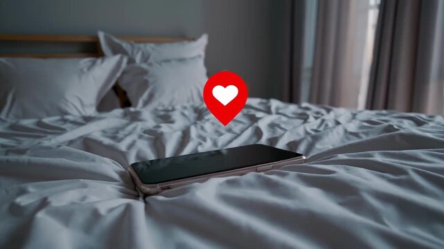 Smartphone displaying red heart location pin on rumpled white bed sheets with pillows, sheer curtains, and warm sunset glow from window. Cozy romantic bedroom scene