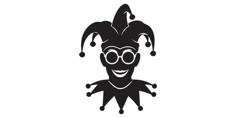 Colorful Circus Festival Vector Silhouette Poster with Confetti, Masks and Party Elements,Bright carnival character with joker hat, glasses, mustache,black silhouette white background