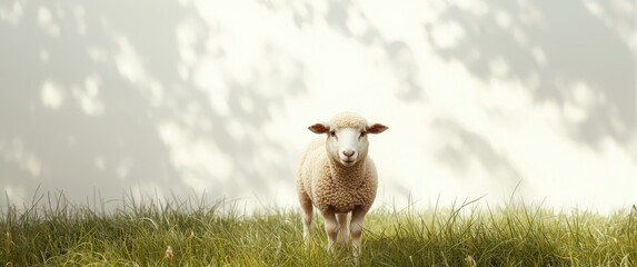 Obraz premium A cute sheep standing before a big red pen, knowing it's being photographed, left behind by its flock