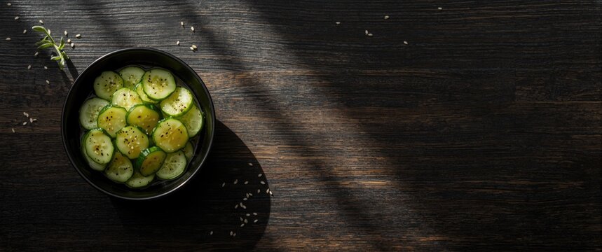 Cucumber Salad (Sunomono) in Black Bowl with Dressing, Flat Lay on Dark Table with Ingredients