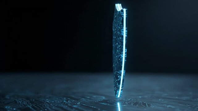 Futuristic blue neon-edged shield made of circuit board patterns on dark textured surface with glowing particles. Cyber security emblem, high-tech digital protection symbol