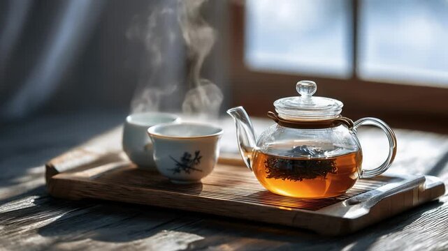 Glass teapot with steaming amber tea and matching white porcelain cups on wooden tray, soft sunlight through window with sheer curtains. Cozy tea time ritual, relaxing vibe