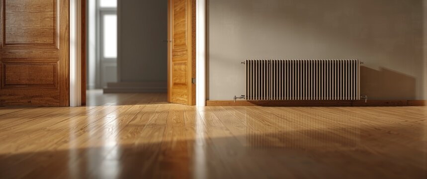 Unfurnished room with wooden flooring, sapele wood doors, and aluminum radiator panels